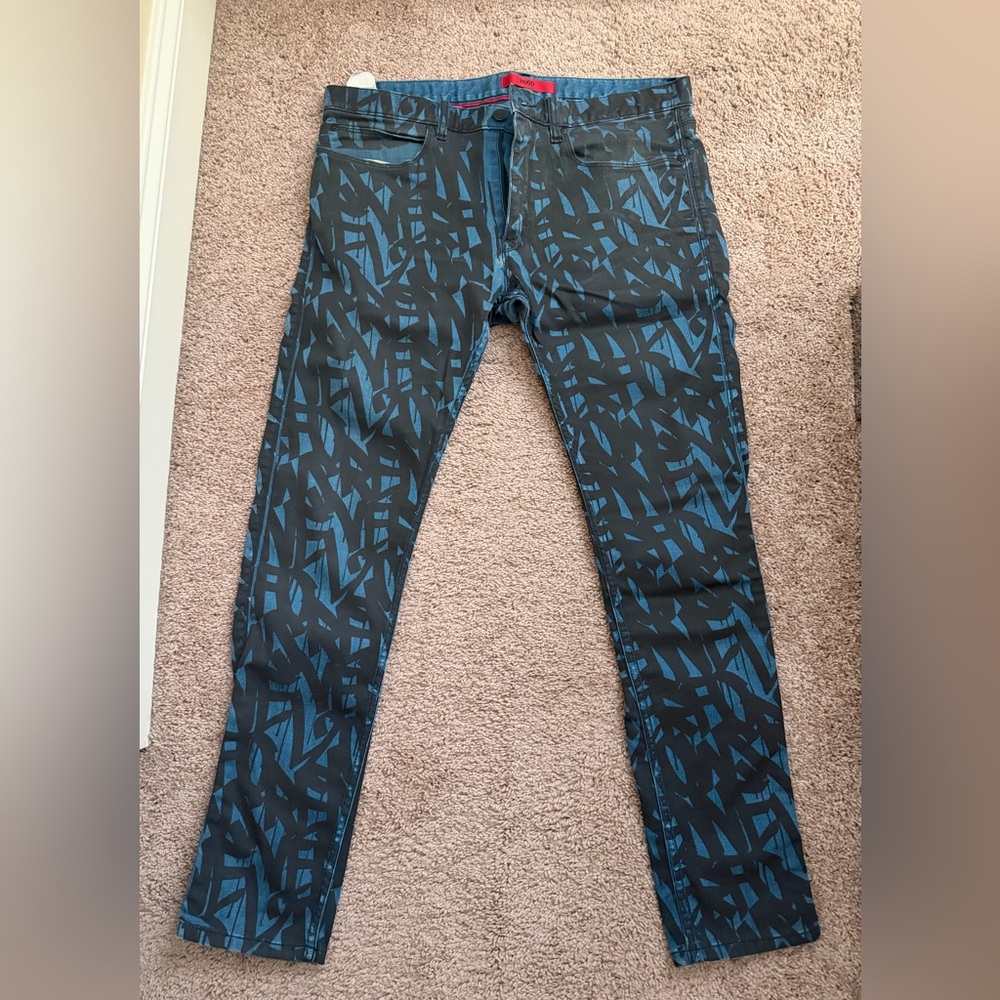 HUGO Black Skinny Jeans with Blue Geometric Print